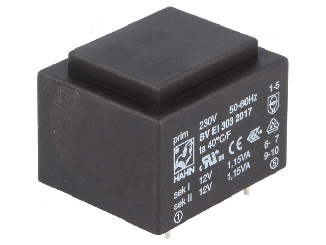 Transformator: ingegoten; 2,3VA; 230VAC; 12V; 12V; 95mA; 95mA; PCB Transformator: ingegoten; 2,3VA; 230VAC; 12V; 12V; 95mA; 95mA; PCB